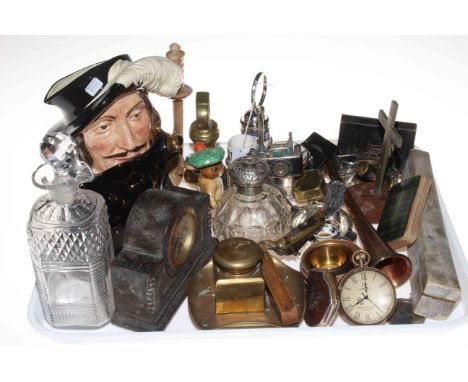 Tray of collectables including fan, watches, silver topped bottle, decanter, Doulton character jug, etc.