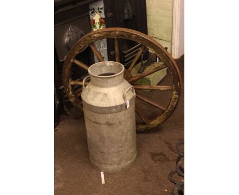 Vintage 12 spoke cartwheel, 89cm diameter, and zinc milk churn (2).