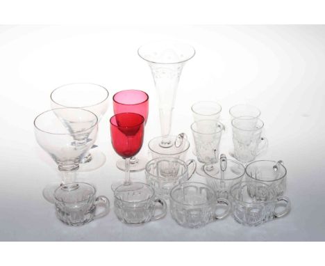 Antique glassware including two rummers, custard glasses and two ruby goblets.