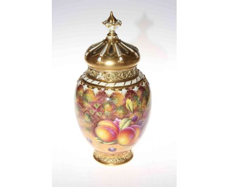 Royal Worcester R. Lewis fruit painted crown top pot pourri vase, lid and cover, having continuous decoration and ornate gilt