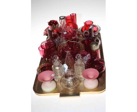 Collection of Victorian ruby glass, pair of spiral design jugs, pair of cruet bottles, pair of pink clear vases, etc.