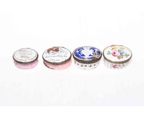 Collection of four 18th Century Bilston enamel patch boxes a/f.
