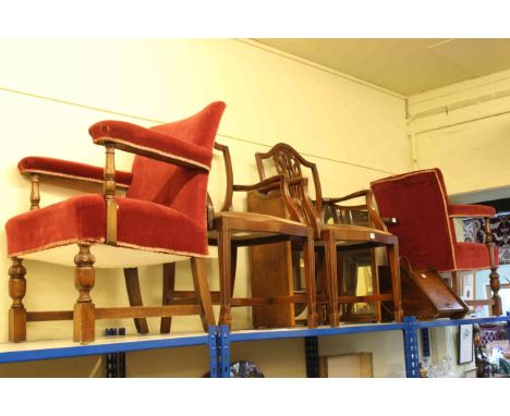 Pair 1930's oak carver chairs, coal box, needlework topped circular tripod occasional table, pair Hepplewhite style carver ch