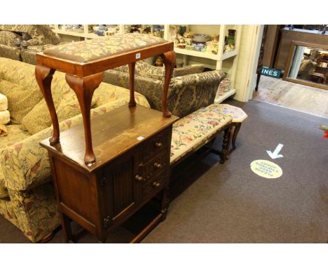 Oak linen fold panel door side cabinet, two needlework seated stools and octagonal decorated occasional table (4).