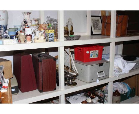 Typewriters, piano accordion, sewing machine, kitchen scales, metalware, cutlery, two barometers, pond yacht, linen, pictures
