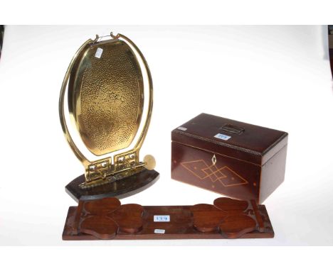 Brass gong, mahogany book trough and a two compartment mahogany inlaid box (3).