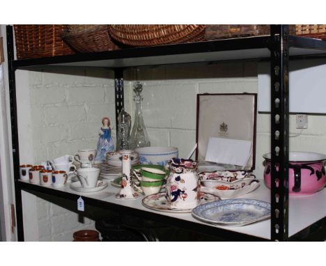 Glass claret jug, decanter, Masons Mandalay dishes, plate and jug, tea and coffee ware, Spode plate, china figure, etc.