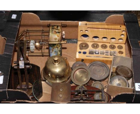 Box with postal scales, weights, etc.