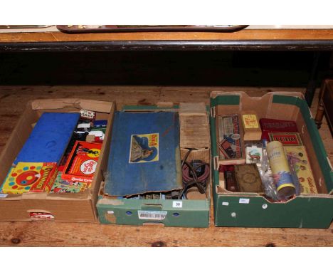 Three boxes of vintage toys and games, Hornby Dublo electric train set, etc.