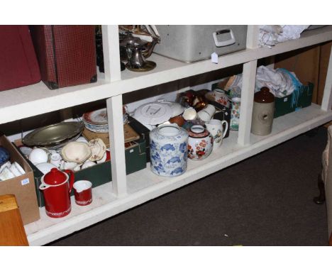 Full shelf of Oriental china, collectors plates, linen, stoneware, hotwater bottle, etc.