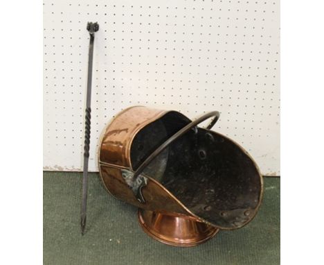 A 19TH CENTURY COPPER COAL SCUTTLE with iron work handles impressed war department, together with a Blacksmith WROUGHT IRON P