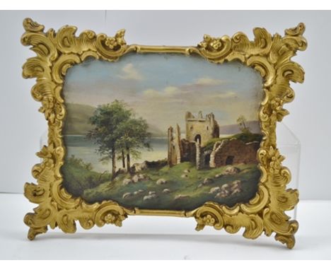 M. KERR "Castle ruins a lakeside landscape". Oil on panel, signed and inscribed, "Fecit M. Kerr, September 1888", 18cm x 23cm