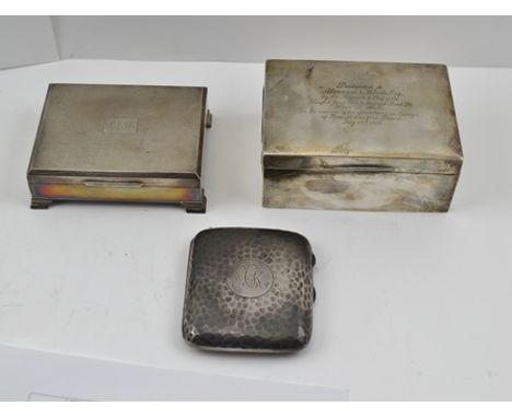 A "WALKER &amp; HALL" SILVER CIGARETTE BOX, Sheffield 1922, 13cm wide with presentation inscription, one other silver cigaret