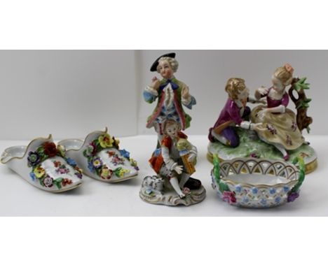 SIX PIECES OF DECORATIVE CONTINENTAL PORCELAIN to include; floral encrusted Dresden slippers, a Dresden basket, Sitzendorf pi