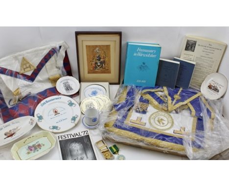 A COLLECTION OF MASONIC REGALIA AND MEMORABILIA, includes a Warwickshire provincial Apron and Collar, a Royal Arch Apron and 