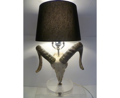 JAMIE YOUNG COMPANY (California) A RAM'S SKULL DESIGN TABLE LAMP on circular perspex base, with shade, 52cm inclusive (Ex Fel
