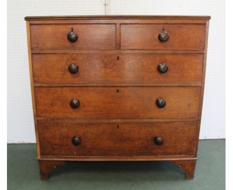 A 19TH CENTURY OAK CHEST OF TWO SHORT OVER THREE LONG GRADUATING DRAWERS, with knob handles, on bracket feet, 107cm wide 