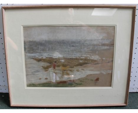 ROSEMARY ALLAN A lone walker and their dog on a beach, mixed media study, signed and dated 1976, 27cm x 40cm, in gallery doub