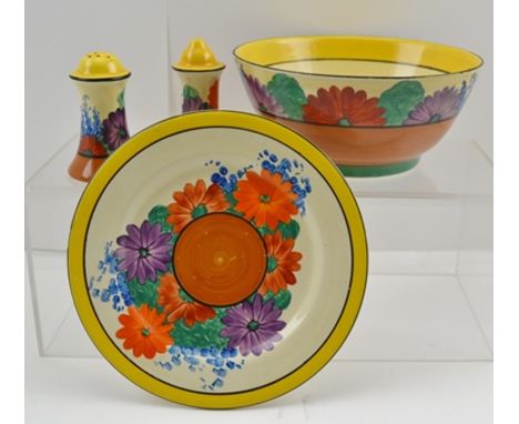 A QUANTITY OF CLARICE CLIFF "BIZARRE" PAINTED CERAMICS "Gay Day" pattern, comprising; a bowl 17cm diameter, a plate 18cm diam