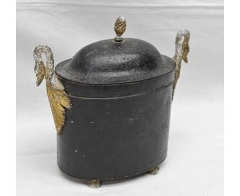 A CONTINENTAL REGENCY TIN-PLATE EGG CODDLER, ebonised painting, with gilded swan neck handles and pineapple finial to lid, or