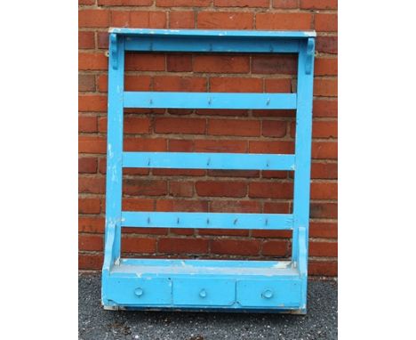  A VICTORIAN PINE WALL RACK, with shelf, cup hooks and three drawers to base, 83cm wide 