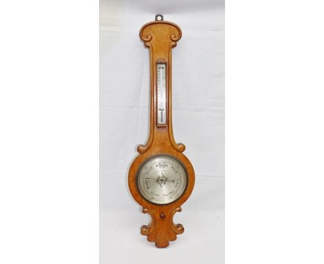 A "NEGRETTI &amp; ZAMBRA" OF LONDON WHEEL BAROMETER, mahogany cased, silvered dial, 20cm fitted thermometer to neck, overall 