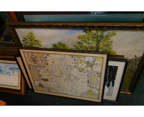 Various pictures, prints etc., to include photographic print of old hall Madeley Woodland scenes etc. (a quantity).