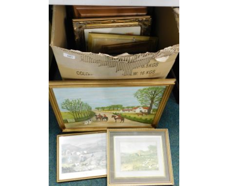 Various pictures, prints etc., to include hunting scene, shooting scene etc. (1 box).