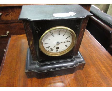 19th Century mantel clock having wooden ebonised case with circular enamel dial and single train movement