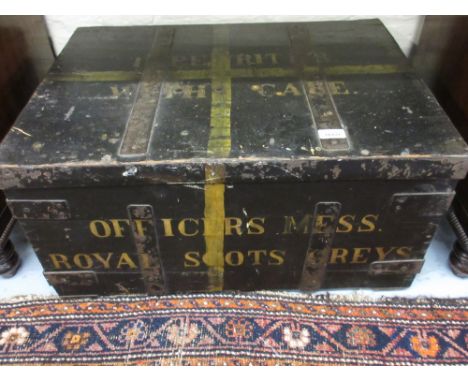 19th Century black stained pine metal banded trunk inscribed ' Officer's Mess, Royal Scots Greys '