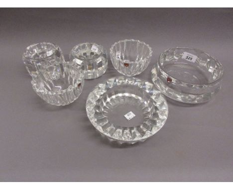 Orrefors heavy cut glass bowl, etched signature and original label, 7ins wide, together with a pair of Orrefors glass candles