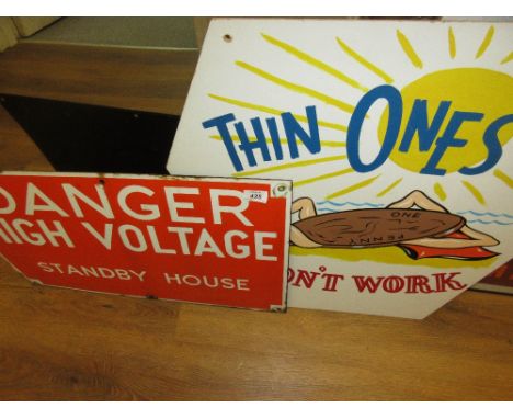 Enamel sign, ' Danger High Voltage ', together with another sign on board