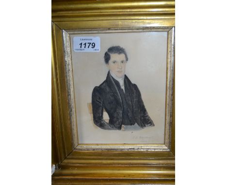 Early 19th Century watercolour portrait miniature of a seated gentleman, signed J.B. Hazelhurst, dated 1830, gilt framed, 6in