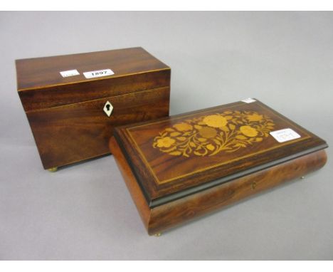 19th Century mahogany single division tea caddy with mixing compartment, together with a modern inlaid shaped music box / jew