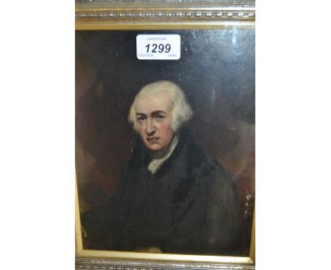 19th Century oil on panel, portrait of James Watt after Sir Thomas Lawrence, 9ins x 7ins in a silvered frame