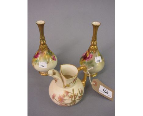 Small Royal Worcester floral decorated blush ivory jug, together with a pair of Royal Worcester baluster vases painted with r