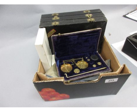 Cased pair of reproduction brass balance scales, miscellaneous slide cases and other accessories