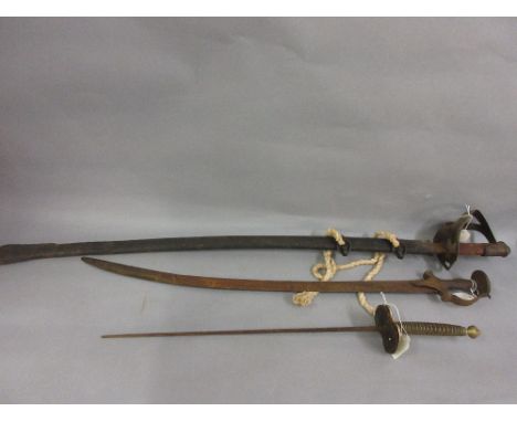 Steel sabre with steel hilt and scabbard (at fault), an Indian tulwah and a fencing epee (blade broken)