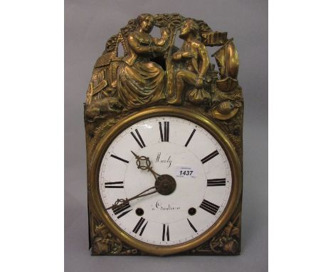 19th Century French brass mounted wall clock embossed with figures kneeling having circular enamel dial inscribed Marty Gautr