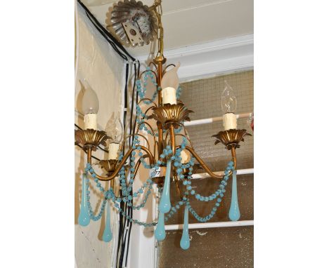 Gilt metal five branch hanging chandelier with blue glass bead swags and tear drops, together with a gilt brass and cut glass