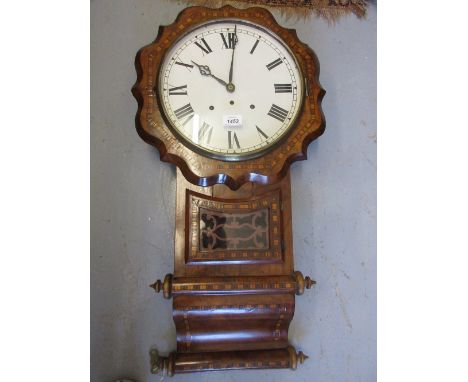 19th Century walnut parquetry inlaid drop dial wall clock, the enamel dial with Roman numerals with a two train movement stri