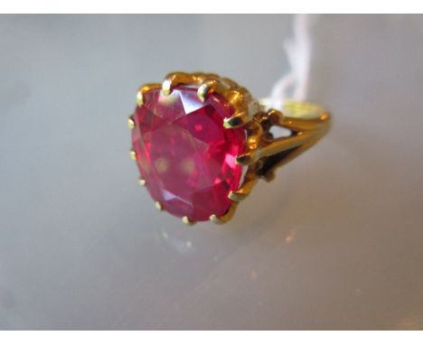 Victorian 22ct yellow gold ring set large red cushion shaped stone   CONDITION REPORT  Ring size P.Stone not tested. Looks to