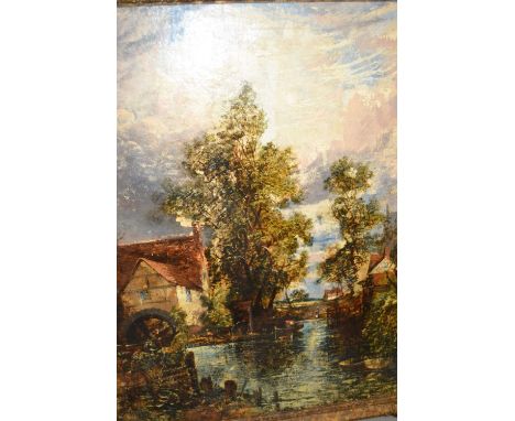 After John Constable, 19th Century oil on canvas, view of Willy Lott's cottage at Flatford, 48ins x 39ins, gilt framed
