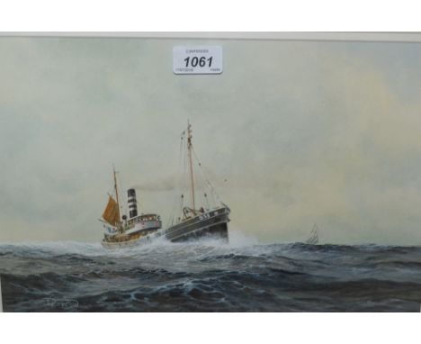 Patrick R. Donovan, watercolour ' Suzanne and Marie ', a steam fishing boat to the foreground, a sailing boat on the horizon,
