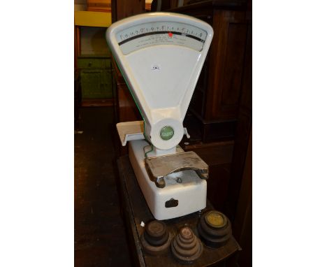 Set of Avery white enamel greengrocer scales with weights