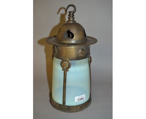 Early 20th Century Arts and Crafts anodised metal and iridescent glass hall lantern CONDITION REPORT Metal is in good conditi