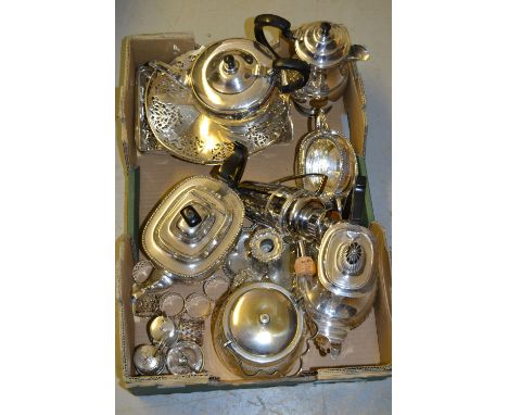 Box containing a quantity of various silver plated items including teapots, biscuit barrel, chamber stick etc.