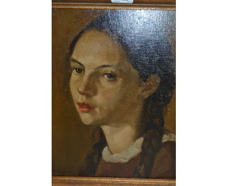 Early 20th Century oil on canvas, head and shoulder portrait of a young lady with plaited hair, indistinctly signed, 14ins x1