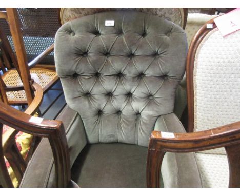 19th Century button upholstered armchair on turned tapering supports with brass caps and ceramic casters CONDITION REPORT Fad
