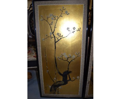 Pair of Chinese paintings on gold ground, a river landscape and study of blossom, signed with seal marks in ebonised frames, 